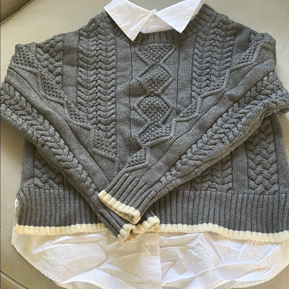 Central Park West Gray Cable Knit Crewneck Sweater
